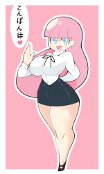 Rule 34 | 1girl, black skirt, blue eyes, blunt bangs, breasts, ch3rrycupcakes, dexter&#039;s laboratory, full body, highres, japanese teacher (dexter&#039;s laboratory), large breasts, long hair, pink background, pink hair, shirt, skirt, solo, speech bubble, translation request, white shirt