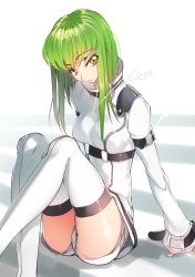Rule 34 | 1girl, adapted costume, alternate hair length, alternate hairstyle, arm support, c.c., code geass, creayus, gradient background, green hair, highres, long hair, resized, short shorts, shorts, sitting, solo, straitjacket, thighhighs, upscaled, waifu2x, white thighhighs, yellow eyes