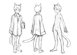 Rule 34 | 1boy, animal ears, barefoot, cat boy, cat ears, cat tail, character sheet, draugnut, flaccid, from behind, full body, greyscale, highres, looking at viewer, male focus, monochrome, multiple views, naked shirt, original, penis, shirt, simple background, sketch, smile, solo, standing, tail, toes, uncensored, white background