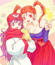 Rule 34 | 2girls, animal, bare shoulders, belt, breasts, cleavage, collarbone, curly hair, dog, dragon quest, dragon quest ii, dragon quest viii, dress, earrings, fire, full body, hand up, holding, holding animal, holding dog, hood, jessica albert, jewelry, large breasts, long hair, long sleeves, looking at viewer, multiple girls, nail polish, off-shoulder shirt, off shoulder, open mouth, orange hair, pink nails, princess, princess of moonbrook, purple eyes, purple hair, purple shirt, pyrokinesis, red eyes, red skirt, robe, shirt, skirt, smile, star (symbol), twintails, yuza