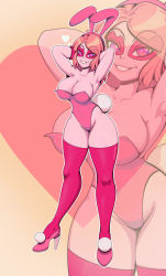 Rule 34 | 1girl, animal ears, armpits, arms behind head, arms up, breasts, cleavage, high heels, highres, large breasts, leotard, miss heed, pink hair, playboy bunny, purple eyes, standing, thick thighs, thighhighs, thighs, villainous