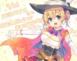 Rule 34 | 1girl, :d, belt, blonde hair, blue eyes, borrowed character, breasts, cape, cleavage, double bun, gloves, hair ribbon, happy birthday, hat, hat feather, large breasts, natsu natsuna, open mouth, original, pinstripe pattern, ribbon, short hair, skirt, smile, solo, twintails, witch hat
