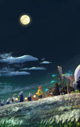 Rule 34 | 1boy, 6+others, absurdres, blue kimono, brown hair, cloud, commentary request, demon, fantasy, full moon, ghost, grass, grasslands, highres, holding, hood, hoodie, japanese clothes, kimono, landscape, lantern, mallet, moon, moonlight, multiple others, nature, night, night sky, original, pants, plant, rabbit, santo moco, scenery, shirt, sky, walking, yellow hoodie