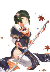Rule 34 | 1girl, animal print, autumn leaves, bird print, blue capelet, breasts, capelet, closed mouth, expressionless, flower, food fantasy, fur collar, green hair, hair flower, hair ornament, highres, holding, holding weapon, japanese clothes, leaf, long hair, long sleeves, looking at viewer, maple leaf, mosta (lo1777789), naginata, no shoes, pelvic curtain, pink flower, polearm, puffy sleeves, seigaiha, seiza, side slit, sidelocks, simple background, sitting, small breasts, solo, tassel, thighhighs, thighs, weapon, white background, white thighhighs, yellow eyes