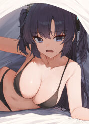 Rule 34 | 1girl, absurdres, bare shoulders, bikini, black bikini, black halo, blue archive, blue eyes, blue hair, breasts, cleavage, collarbone, gnns, halo, highres, large breasts, long hair, looking at viewer, lying, navel, on side, open mouth, solo, stomach, swimsuit, triangle hair ornament, two side up, under covers, wavy mouth, yuuka (blue archive)
