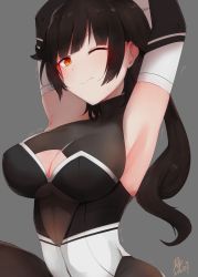 Rule 34 | 1girl, absurdres, armpits, arms up, azur lane, black hair, black pantyhose, breasts, chiru (218mg), cleavage, commentary request, cowboy shot, dated, elbow gloves, gloves, grey background, hair flaps, highres, large breasts, leotard, long hair, looking at viewer, multicolored leotard, pantyhose, ponytail, race queen, signature, simple background, smile, solo, takao (azur lane), takao (full throttle charmer) (azur lane), two-tone gloves