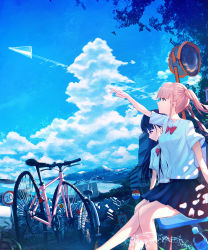 Rule 34 | 2girls, absurdres, bicycle, blue hair, blue skirt, blue sky, bottle, bow, bowtie, city, cityscape, cloud, day, grey eyes, highres, kenzo 093, looking up, mountainous horizon, multiple girls, ocean, on bench, orange eyes, original, paper airplane, pink hair, pleated skirt, red bow, scenery, school uniform, shirt, short sleeves, sidelocks, sign, sitting, skirt, sky, tree, twintails, water bottle, white shirt