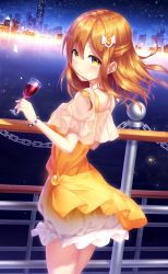 Rule 34 | 1girl, bad id, bad pixiv id, bead bracelet, bead necklace, beads, bracelet, brown hair, building, chain, commentary request, cup, dress, drinking glass, frilled sleeves, frills, from behind, gem, half updo, holding, holding cup, holding drinking glass, jewelry, kokkeina budou, kunikida hanamaru, kyouou ena, long hair, looking at viewer, looking back, love live!, love live! school idol festival, love live! sunshine!!, necklace, night, night sky, outdoors, railing, short sleeves, sky, skyline, skyscraper, smile, solo, star (sky), starry sky, water, wine glass, yellow eyes