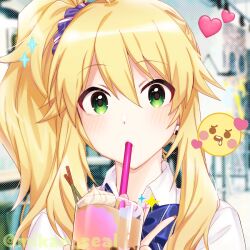 Rule 34 | 1girl, ahoge, alternate hairstyle, blonde hair, blue bow, blue bowtie, blurry, blurry background, blush, bow, bowtie, breasts, bubble tea, cream, cup, drinking straw, emoji, green eyes, hair ornament, hair scrunchie, hand up, heart, holding, holding cup, hoshii miki, idolmaster, idolmaster (classic), idolmaster million live!, idolmaster million live! theater days, long hair, looking at viewer, medium breasts, mouth hold, onigiri earrings, photo background, portrait, purple scrunchie, scrunchie, shirt, side ponytail, solo, sparkle, tao tao mao, twitter username, white shirt