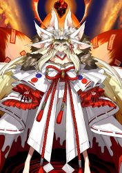 Rule 34 | 1girl, animal ear fluff, animal ears, bare shoulders, barefoot, beast iv:l, blonde hair, blood, breasts, burning, claws, cleavage, crown, dripping, duplicate, evil grin, evil smile, fangs, fate/grand order, fate (series), fingernails, fire, fox ears, fox girl, fox tail, full body, fur-trimmed kimono, fur trim, grin, hair between eyes, highres, japanese clothes, kimono, kitsune, koyanskaya (fate), koyanskaya (lostbelt beast:iv) (fate), large breasts, long fingernails, long hair, looking at viewer, monster girl, multiple tails, off shoulder, official art, resized, rope, shimenawa, sidelocks, smile, solo, standing, tail, talisman, tamamo (fate), upscaled, very long hair, wada arco, white background, white kimono, yellow eyes
