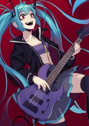 Rule 34 | 1girl, absurdres, ahoge, alternate eye color, black jacket, black thighhighs, blue hair, breasts, collarbone, crazy eyes, crop top, dethmaid, electric guitar, fangs, grey skirt, guitar, hatsune miku, highres, instrument, jacket, long hair, midriff, music, open clothes, open jacket, open mouth, playing instrument, pleated skirt, red background, red eyes, simple background, skirt, small breasts, solo, thighhighs, thighs, twintails, very long hair, vocaloid