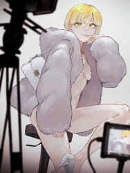 Rule 34 | 1girl, :3, ass, bar stool, blonde hair, bottomless, breasts, coat, commentary request, convenient arm, finger to mouth, fur coat, green eyes, hair between eyes, hand to own mouth, hand up, high heels, highres, hood, hooded coat, idolmaster, idolmaster cinderella girls, kaoming, knee up, long sleeves, looking at viewer, medium breasts, miyamoto frederica, naked coat, navel, no bra, no panties, open clothes, open coat, recording, short hair, sitting, smile, solo, standing, standing on one leg, stool, underboob, wide sleeves