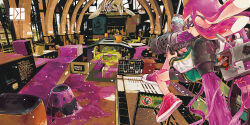 1girl amehatobook animal_skeleton bug butterfly commentary english_commentary green_jacket gun holding holding_gun holding_weapon ink inkjet_(splatoon) inkling inkling_girl inkling_player_character insect jacket jetpack long_hair museum nintendo pink_footwear pink_hair purple-framed_eyewear solo splatoon_(series) splatoon_2 tentacle_hair weapon weapon_request