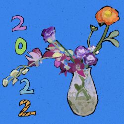 Rule 34 | 2022, blue background, flower, highres, kgeroua, no humans, orange flower, original, pink flower, purple flower, still life, vase