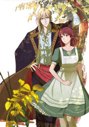 Rule 34 | 1boy, 1girl, apron, arm up, blonde hair, blue eyes, copyright request, dress, gold trim, green dress, hand on own hip, heart167, hetero, long hair, looking at another, medium hair, official art, outdoors, plant, red eyes, red hair, short sleeves, standing, tree, white background