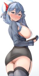 Rule 34 | ako (blue archive), ass, black skirt, black thighhighs, blue archive, blue eyes, blue gloves, blue hair, blush, breasts, closed mouth, from behind, garter straps, gloves, hair between eyes, hair ornament, halo, highres, large breasts, lomocya, looking at viewer, looking back, medium hair, sideboob, simple background, skirt, smile, solo, thighhighs, thighs, white background