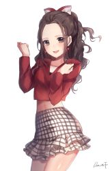 Rule 34 | 1girl, :d, artist name, bad id, bad pixiv id, blush, bow, brown eyes, brown hair, chariot.f, clenched hands, commentary request, crop top, earrings, forearms at chest, forehead, frilled skirt, frills, grid, hair bow, jewelry, k-pop, long sleeves, looking at viewer, midriff, open mouth, parted bangs, real life, red shirt, shiny skin, shirt, simple background, skirt, smile, solo, twice (group), tzuyu (twice), undershirt, white background