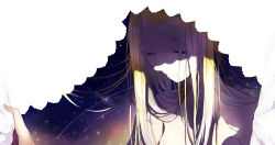 Rule 34 | 1girl, absurdres, blonde hair, closed eyes, closed mouth, curtains, facing viewer, hands up, highres, long hair, nude, original, sky, sogawa, solo, star (sky), starry sky, upper body