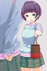 Rule 34 | 1girl, aqua eyes, araki rena, arm behind back, bag, blunt bangs, blush, breasts, character name, cowboy shot, grey background, holding, holding bag, incoming gift, jacket, kichihachi, large breasts, looking at viewer, multiple views, open mouth, pleated skirt, purple hair, shopping bag, short hair, signature, simple background, skirt, smile, standing, tokyo 7th sisters, track jacket, twitter username