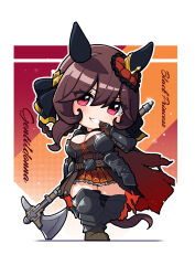 Rule 34 | 1girl, animal ears, armor, axe, belt, braid, breasts, brown belt, brown gloves, brown hair, character name, chibi, cursive, ear covers, ear ornament, english text, full body, gentildonna (umamusume), glint, gloves, grin, hair between eyes, hair ornament, hand up, highres, holding, holding axe, horse ears, horse girl, horse tail, large breasts, long hair, looking at viewer, no nose, pink eyes, pleated skirt, red skirt, skirt, smile, solo, standing, tail, thighs, torn clothes, umamusume, warashi
