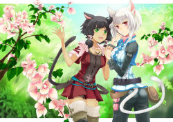 Rule 34 | 00s, 10s, 2girls, animal ears, ass, warrior of light (ff14), black hair, character request, final fantasy, final fantasy xi, final fantasy xiv, flower, green eyes, holding hands, miqo&#039;te, mitsuk, mitsukura chikage, multiple girls, nature, red eyes, tail, thighhighs, white hair, zettai ryouiki