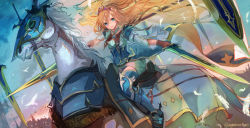 Rule 34 | 1girl, aqua eyes, armor, armored animal, blonde hair, dual wielding, falling feathers, feathers, floating, floating object, floating sword, floating weapon, gloves, greaves, hair between eyes, holding, holding polearm, holding spear, holding sword, holding weapon, horse, long hair, long sleeves, nagasawa tougo, original, polearm, riding, solo, spear, spurs, sword, tiara, twitter username, weapon, white horse