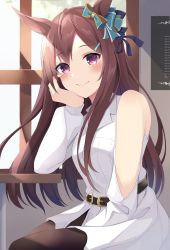 Rule 34 | 1girl, absurdres, alternate costume, animal ears, black hair, blush, breasts, cafe, casual, commentary request, hair ornament, hairclip, highres, horse ears, horse girl, long hair, looking at viewer, medium breasts, mejiro dober (umamusume), purple eyes, smile, solo, umamusume, zeatto