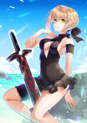 Rule 34 | 1girl, annojou haruto, arm behind back, arm strap, artoria pendragon (alter swimsuit rider) (fate), artoria pendragon (alter swimsuit rider) (first ascension) (fate), artoria pendragon (fate), black bow, black one-piece swimsuit, blonde hair, blue sky, bow, breasts, casual one-piece swimsuit, cleavage, cleavage cutout, clothing cutout, day, excalibur morgan (fate), fate/grand order, fate (series), hair between eyes, hair bow, medium breasts, ocean, one-piece swimsuit, outdoors, rock, short hair, sideboob, sitting, sky, smile, solo, swimsuit, thigh strap, yellow eyes