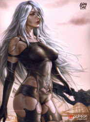 Rule 34 | 1girl, absurdres, android, armlet, bare shoulders, black gloves, black shorts, blue eyes, crane (machine), dirty, dirty face, elbow gloves, from side, gloves, highres, holding, holding sword, holding weapon, joints, logan cure, long hair, nier (series), nier:automata, parted lips, realistic, red lips, robot joints, short shorts, shorts, silver hair, sword, tank top, thighs, weapon, a2 (nier:automata)