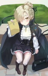 Rule 34 | 1girl, azur lane, belt pouch, black cloak, black dress, blonde hair, blush, boots, braid, breasts, briefcase, center frills, cloak, corset, cross-laced clothes, cross-laced corset, cross-laced footwear, cross ornament, dagger, dress, frilled dress, frills, from above, full body, garter straps, hair over one eye, half-closed eye, hand up, high heel boots, high heels, highres, holding, holding letter, knee boots, knife, letter, light smile, long hair, long sleeves, looking at viewer, looking up, medium breasts, medium hair, on bench, outdoors, pittopanikku, pouch, sheffield (azur lane), sheffield (cloak and dagger) (azur lane), sitting, sleeve cuffs, smug, solo, thighhighs, weapon, yellow eyes