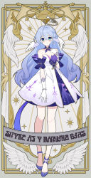 Rule 34 | 1girl, absurdres, asymmetrical footwear, asymmetrical gloves, bare shoulders, blue hair, blush, breasts, commentary request, detached sleeves, dress, elbow gloves, feathered wings, ff2074, full body, gloves, green eyes, hair between eyes, halo, hand up, head wings, highres, honkai: star rail, honkai (series), jewel under eye, long hair, looking at viewer, mismatched footwear, musical note, purple dress, purple footwear, purple sleeves, robin (honkai: star rail), short sleeves, single elbow glove, sleeveless, sleeveless dress, smile, solo, standing, translation request, two-tone dress, uneven gloves, white dress, white gloves, white wings, wings