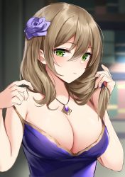 Rule 34 | 1girl, bare arms, bare shoulders, breasts, cleavage, closed mouth, dress, expressionless, flower, genshin impact, green eyes, hair flower, hair ornament, highres, holding, holding own hair, jewelry, large breasts, lisa (genshin impact), looking at viewer, low ponytail, necklace, purple dress, purple flower, purple rose, rose, shengtian, sleeveless, sleeveless dress, solo, strap slip, upper body