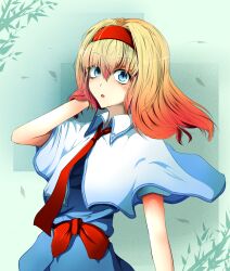 1girl alice_margatroid blonde_hair blue_dress blue_eyes blush capelet collared_capelet commentary_request cookie_(touhou) dress falling_leaves hair_between_eyes hairband hand_in_own_hair highres hinase_(cookie) leaf long_bangs looking_at_viewer medium_hair necktie open_mouth red_hairband red_necktie red_sash sakuna_brownie sash shirt solo touhou upper_body white_capelet white_shirt