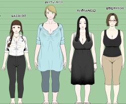 4girls arms_at_sides bad_id bad_twitter_id bare_shoulders barefoot black_dress black_eyes black_hair black_pants black_tank_top blonde_hair blue_shirt blunt_bangs bra bra_strap bra_visible_through_clothes braid braided_ponytail breasts brown_hair brown_shorts character_age character_name character_sheet chiemi_(kuzukago) cleavage collarbone collared_shirt commentary_request dress dress_shirt full_body glasses green_background green_bra green_eyes hair_over_breasts hair_over_one_breast hair_over_shoulder height_difference height_mark jessica_(kuzukago) jewelry kuzukago_(bitchmaker) large_breasts light_smile lineup long_hair long_shirt looking_at_viewer maruyo_(kuzukago) mature_female mole mole_under_mouth multicolored_hair multiple_girls multiple_rings nail_polish necklace original pants parted_bangs parted_hair parted_lips partially_unbuttoned red-framed_eyewear red_nails ring ring_necklace roots_(hair) sanpaku shirt short_hair shorts sidelocks single_braid sleeves_rolled_up standing straight-on tank_top taut_clothes taut_shirt toenail_polish toenails underwear white_shirt yukari_(kuzukago)