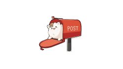 Rule 34 | :3, animal, animal focus, artist name, black eyes, blush stickers, dog, fluffy, fuwa fuwa dog, in container, looking at viewer, lying, mailbox (incoming mail), no humans, object on head, on stomach, open mouth, original, postage stamp, simple background, solid circle eyes, solo, twitter username, white background