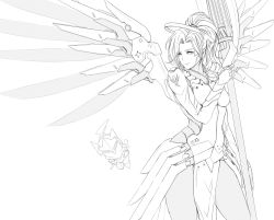 Rule 34 | 1girl, armor, bodysuit, breasts, chibi, chibi inset, conch (artist), cowboy shot, cyborg, emblem, eyelashes, faulds, forehead protector, genji (overwatch), greyscale, halo, helmet, high ponytail, highres, holding, holding staff, looking to the side, mechanical halo, mechanical wings, medium breasts, medium hair, mercy (overwatch), monochrome, mr4891102, overwatch, overwatch 1, pelvic curtain, simple background, sketch, smile, solo, spread wings, staff, white background, wings