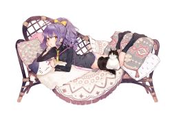 Rule 34 | 1girl, ankle socks, black socks, blanket, bow, cat, cat teaser, couch, hand on own cheek, hand on own face, horiizumi inko, looking at viewer, lying, necktie, no pants, open mouth, original, panties, pillow, ponytail, purple hair, purple panties, shirt, simple background, socks, underwear, watch, yellow eyes