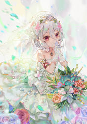Rule 34 | 1girl, absurdres, bare shoulders, bouquet, bridal veil, bride, commentary, dress, fang qiao, flower, gloves, hair between eyes, hair flower, hair ornament, hand to own mouth, highres, jewelry, kokkoro (princess connect!), looking at viewer, necklace, pointy ears, princess connect!, red eyes, short hair, silver hair, solo, steepled fingers, strapless, strapless dress, veil, wedding dress, white dress, white gloves
