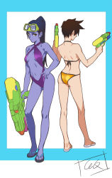 Rule 34 | 2girls, ass, bare shoulders, bikini, breasts, brown hair, butt crack, closed mouth, collarbone, colored skin, dual wielding, from behind, full body, gluteal fold, goggles, goggles on head, groin, halterneck, halterneck, hand on own hip, hands up, highres, holding, l.k, legs apart, long hair, looking at viewer, midriff, multiple girls, navel, overwatch, overwatch 1, ponytail, purple bikini, purple hair, purple skin, short hair, signature, slippers, small breasts, smile, spiked hair, string bikini, swimsuit, tracer (overwatch), water gun, widowmaker (overwatch), yellow bikini, yellow eyes