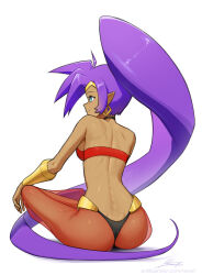 1girl arabian_clothes ass back bandeau black_choker blue_eyes bracer breasts choker closed_mouth dark-skinned_female dark_skin earrings from_behind full_body harem_pants high_ponytail highres hoop_earrings jewelry long_hair looking_to_the_side median_furrow medium_breasts pants pointy_ears ponytail purple_hair revenantart shantae shantae_(series) shoulder_blades sideboob sitting smile solo tiara very_long_hair