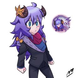 Rule 34 | braid, formal, horns, imrqueso, jacket, kindred (league of legends), lamb (league of legends), league of legends, purple hair, self-upload, spirit blossom kindred, suit, suit jacket, wolf