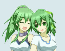 Rule 34 | 2girls, bad id, bad pixiv id, bare shoulders, breasts, closed eyes, collarbone, duel monster, green eyes, green hair, grey background, hair ribbon, jewelry, kenn, long hair, looking at another, multiple girls, open mouth, ponytail, ribbon, siblings, simple background, sisters, winda (yu-gi-oh!), winda priestess of gusto, wynn (yu-gi-oh!), wynn the wind charmer, yu-gi-oh!