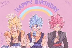 Rule 34 | 3boys, abs, blonde hair, blue eyes, blue hair, commentary, dated, dragon ball, dragon ball super, dragonball z, earrings, english commentary, food, gloves, gogeta, goku black, green eyes, grey eyes, halo, happy birthday, highres, holding, holding food, holding ice cream, holding ice cream cone, ice cream, ice cream cone, jewelry, male focus, metamoran vest, multiple boys, muscular, muscular male, open mouth, pink hair, potara earrings, raised eyebrows, single earring, smile, super saiyan, super saiyan 1, super saiyan blue, super saiyan rose, twitter username, vegetto, whirlydoodle, white gloves