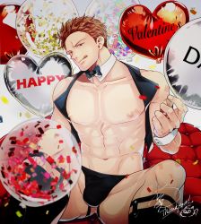 Rule 34 | 1boy, :q, abs, balloon, bara, bare pectorals, benisukemax, black bow, black bowtie, black male underwear, bow, bowtie, brown hair, bulge, character request, check copyright, copyright request, detached collar, feet out of frame, happy valentine, head tilt, heart balloon, highres, jacket, jockstrap, large pectorals, looking at viewer, male focus, male underwear, muscular, muscular male, navel, nipples, no pants, open clothes, open jacket, original, pectorals, seductive smile, short hair, sideburns, sleeveless, sleeveless jacket, smile, legwear garter, solo, spread legs, stomach, thick thighs, thighs, tongue, tongue out, underwear, valentine