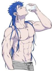 Rule 34 | 1boy, abs, adam&#039;s apple, alternate hairstyle, biceps, blue hair, chxusil, collarbone, cu chulainn (fate), cu chulainn (fate/stay night), cup, drawstring, drinking, drinking glass, earrings, closed eyes, fate/stay night, fate (series), groin, hair down, holding, holding cup, jewelry, korean commentary, long hair, male focus, muscular, muscular male, navel, nipples, pectorals, simple background, solo, spiked hair, topless male, water, white background