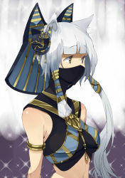 Rule 34 | 1girl, amami amayu, animal ears, cat ears, egyptian clothes, half mask, jpeg artifacts, long hair, mask, midriff, monster collection, mouth mask, solo, white hair, yellow eyes