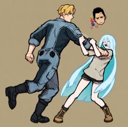 Rule 34 | 1girl, 2boys, :p, :|, = =, anger vein, ao isami, arm grab, black footwear, black hair, blonde hair, blue jumpsuit, boots, brown background, closed eyes, closed mouth, combat boots, facial hair, full body, grey shirt, jumpsuit, lewis smith, long hair, looking at another, lulu (bang bravern), multiple boys, nomicomen, profile, shirt, short hair, short shorts, shorts, sideburns stubble, simple background, stubble, tongue, tongue out, twitter username, very long hair, watermark, white hair, yuuki bakuhatsu bang bravern