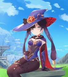 Rule 34 | 1girl, absurdres, black choker, black gloves, black hair, blue eyes, blue hat, blue leotard, blue sky, breasts, brown pantyhose, cape, choker, closed mouth, cloud, danraz0r, day, detached sleeves, genshin impact, gloves, gold trim, hat, highres, huge filesize, leotard, long hair, long sleeves, looking at viewer, mona (genshin impact), mountain, outdoors, pantyhose, sitting, sky, small breasts, solo, twintails, witch hat