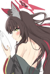 Rule 34 | 1girl, :o, absurdres, animal ears, bare shoulders, black shirt, blue archive, blush, brown hair, commentary request, floating hair, fox ears, fox girl, from behind, halo, hand up, highres, holding, long hair, long sleeves, looking at viewer, multicolored hair, off shoulder, parted lips, partial commentary, pink hair, pink halo, profile, rakio deeeesu, shirt, sideways glance, simple background, sketch, solo, streaked hair, upper body, wakamo (blue archive), white background, wide sleeves, yellow eyes