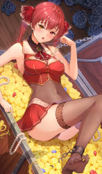 Rule 34 | 1girl, :o, ankle cuffs, ascot, bead necklace, beads, black flower, black rose, breasts, brooch, brown leotard, brown thighhighs, chain, coin, covered navel, crop top, cropped vest, flower, gem, gold coin, gold trim, heterochromia, highres, holding, holding key, hololive, houshou marine, iroha (unyun), jewelry, key, key necklace, knees up, leotard, long hair, looking at viewer, lying, medium breasts, miniskirt, necklace, no shoes, on back, open mouth, pleated skirt, red eyes, red hair, red skirt, rose, skirt, soles, solo, thighhighs, thighs, toes, treasure chest, twintails, vest, virtual youtuber, yellow eyes